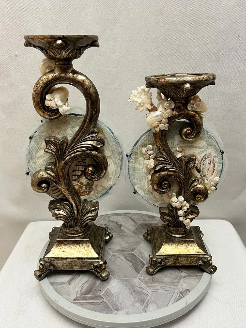 Set of 2 Coastal Dalmatian Dog Seashell Jeweled Candle Holders Sculptures
